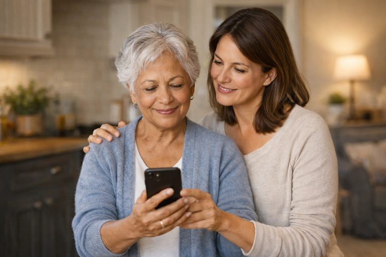 Older woman and adult daughter looking at smartphone together in kitchen - collaborative approach to technology safety