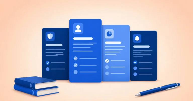 Identity protection comparison illustration showing four app-card panels with shield, profile, chart, and bell icons representing different services and situations
