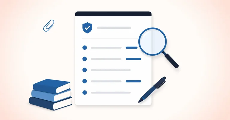 Document with shield icon, checklist, and magnifying glass representing evaluation of identity protection services.