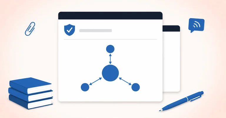 A document with a central node connected by thin lines to three smaller nodes representing a trusted-advocate identity protection network.