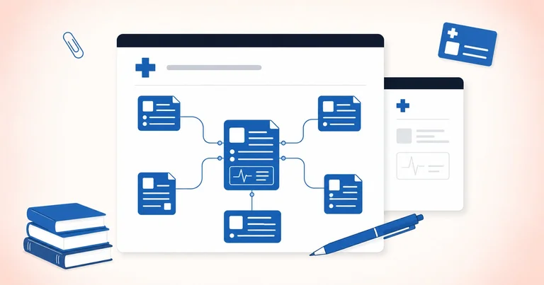 A document with small scattered records converging on a central file, representing medical identity theft recovery across providers.