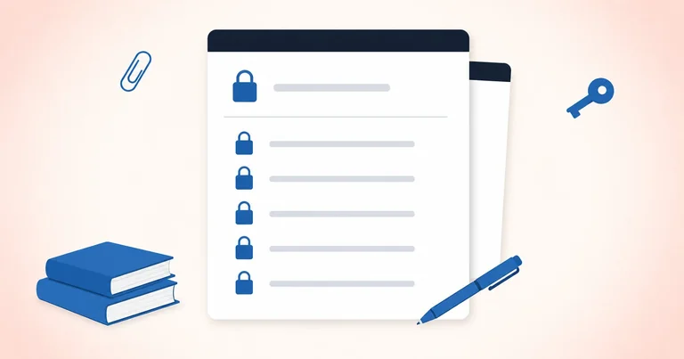 A document with a column of account rows, each secured by a filled padlock, representing a password manager.