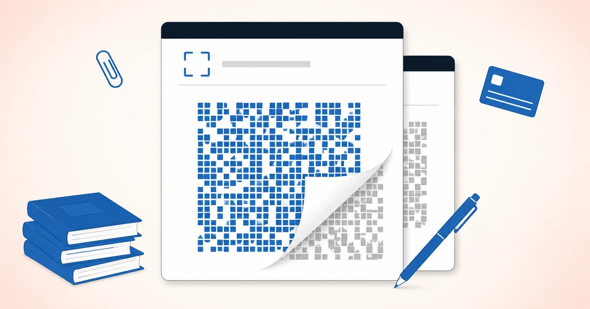 A document with a QR-code-style grid, one corner peeling up like a sticker to reveal another code beneath.